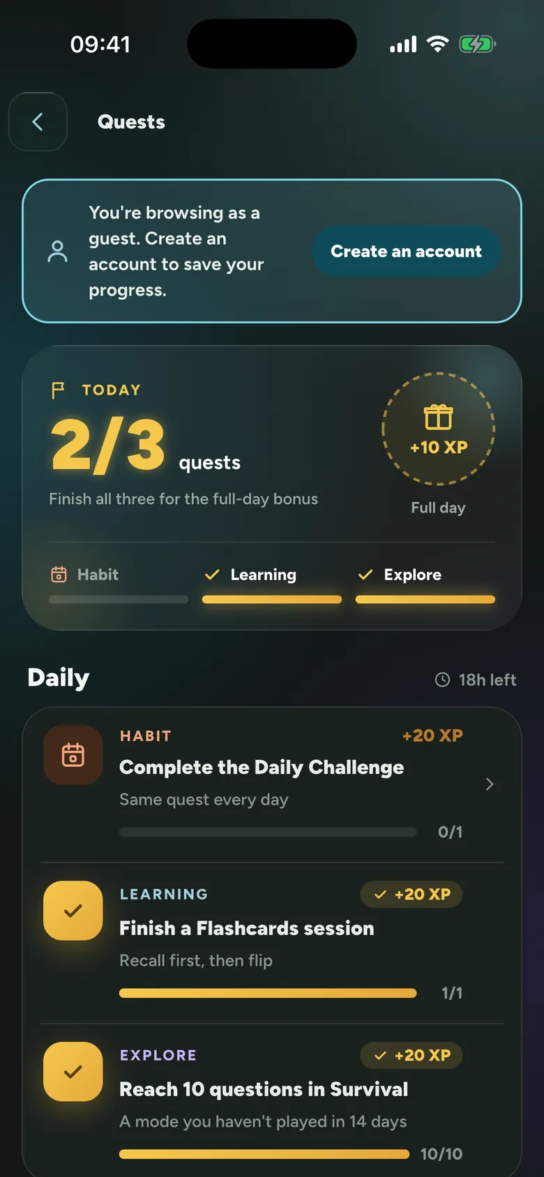 PhysioThink Quests screen: 1/3 quests done today, daily quests and XP rewards
