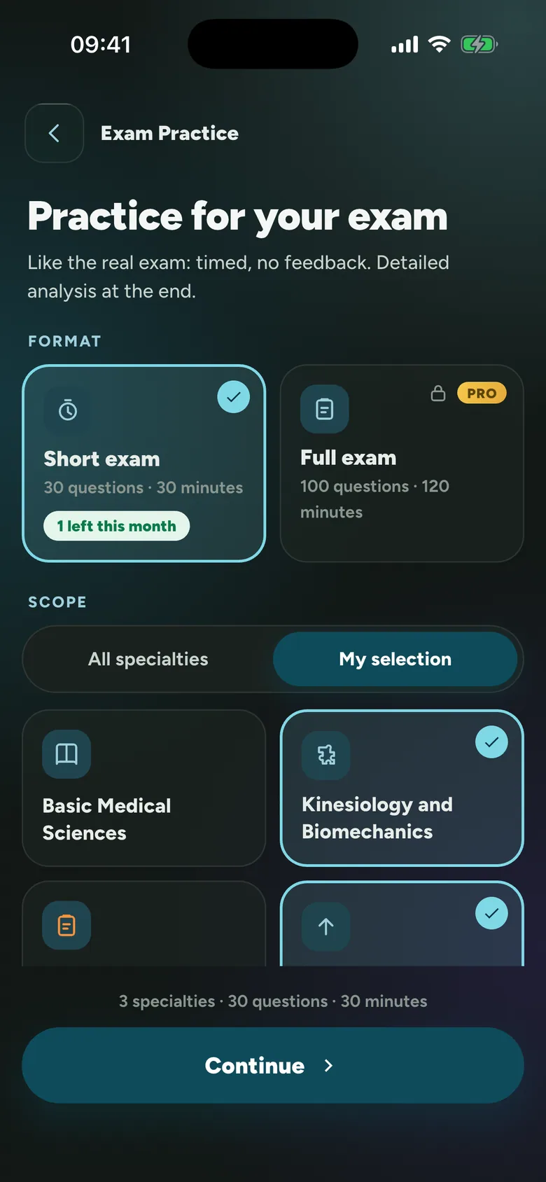PhysioThink Exam Practice setup: Short and Full exam, specialty selection