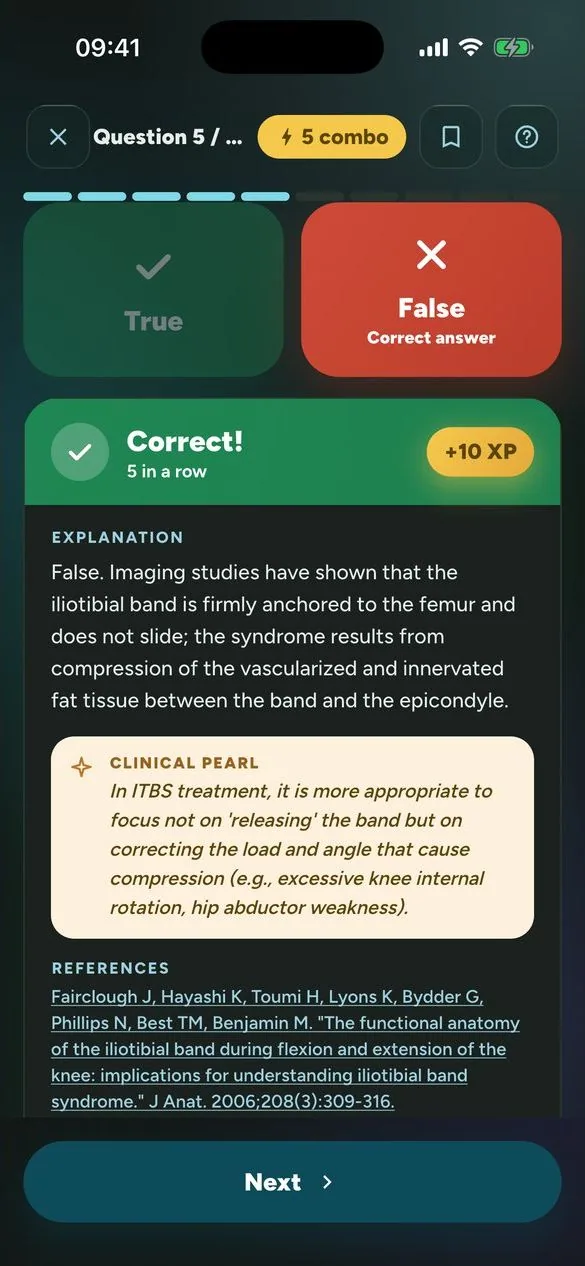 PhysioThink answer explanation after a correct answer, with its source citation
