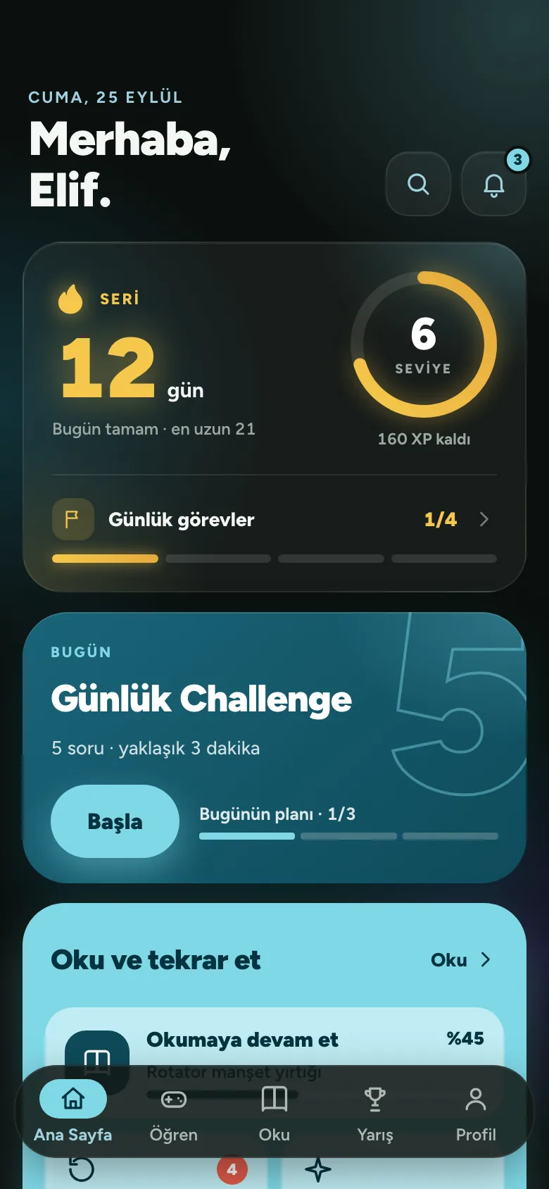 PhysioThink Ana Sayfa ekranı: seri, günlük görevler, Günlük Challenge