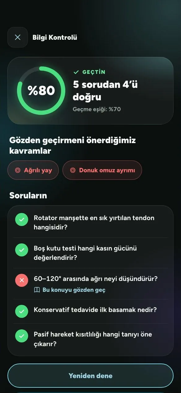 PhysioThink Bilgi Kontrolü sonuç ekranı