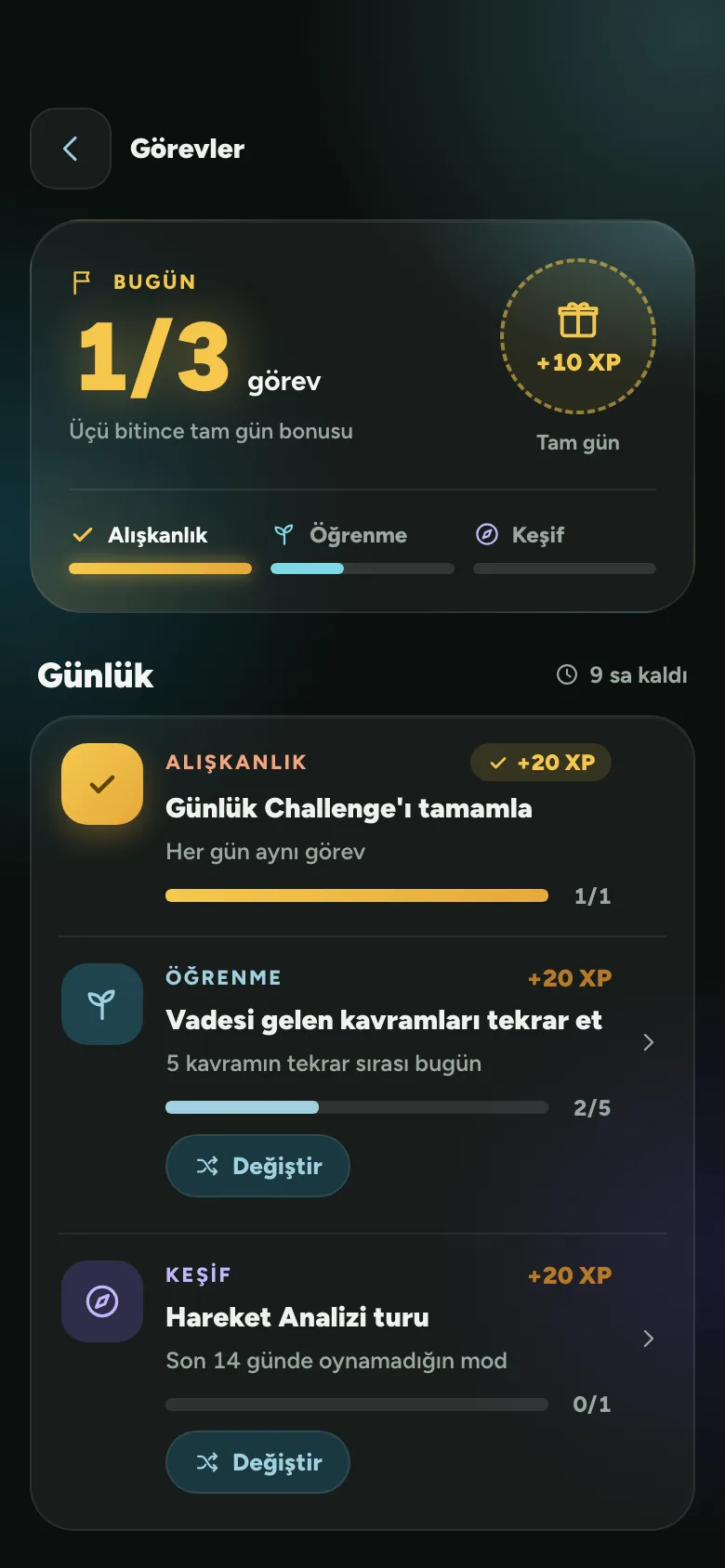 PhysioThink Görevler ekranı: bugün 1/3 görev, günlük görevler ve XP ödülleri