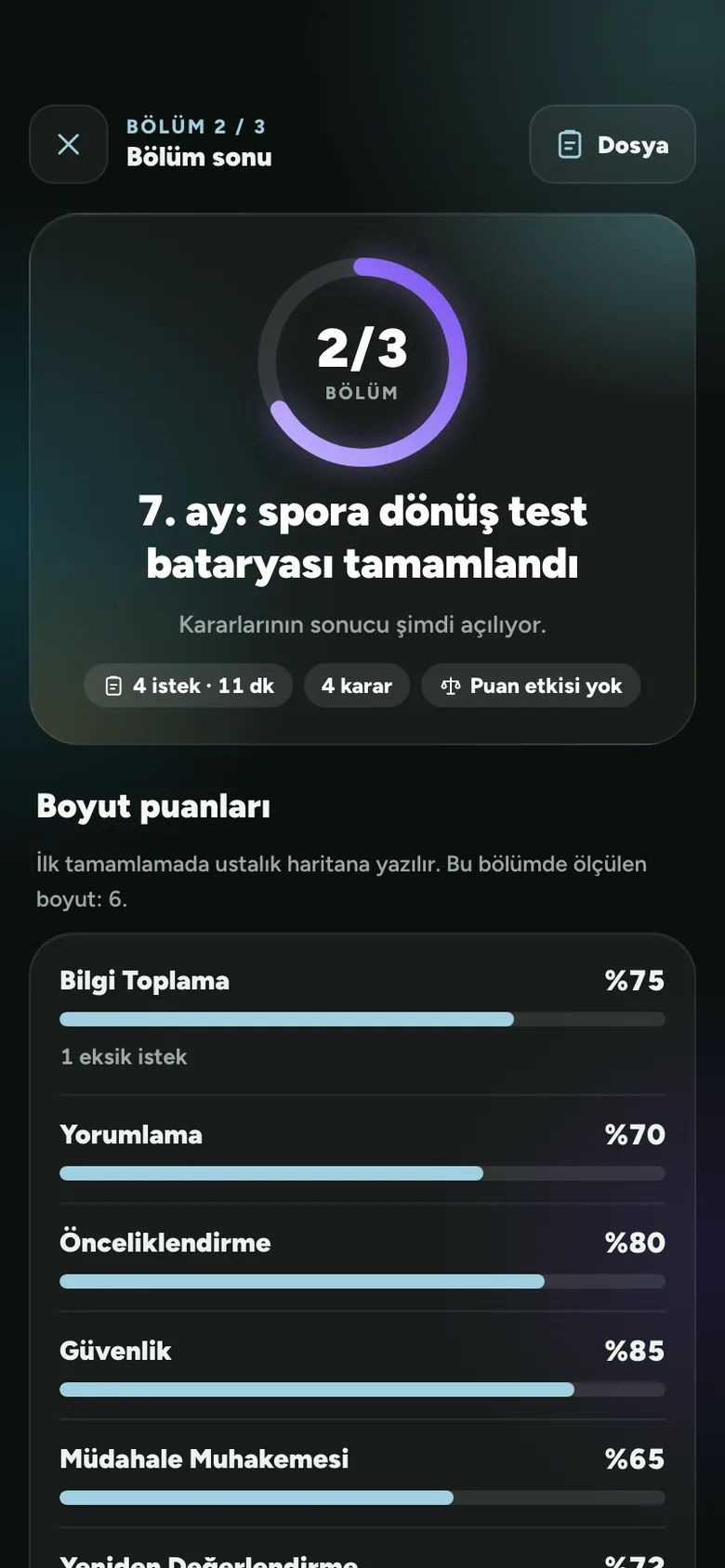 Klinik Karar Verme v2 ekranı: bölüm sonu boyut geri bildirimi