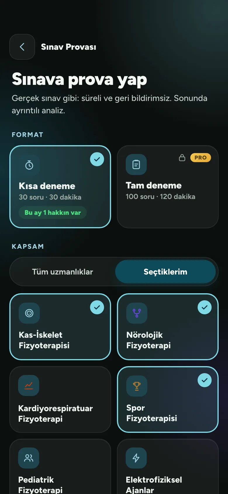 PhysioThink Sınav Provası kurulumu: Kısa ve Tam deneme, uzmanlık seçimi