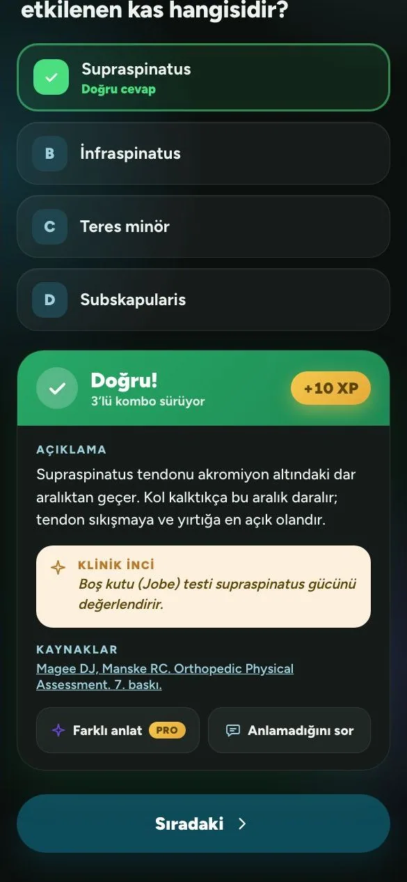 PhysioThink doğru cevap açıklaması: kaynak künyesi görünür
