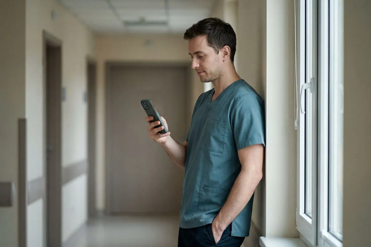A physiotherapist in teal scrubs checks his phone during a short break in a bright corridor.