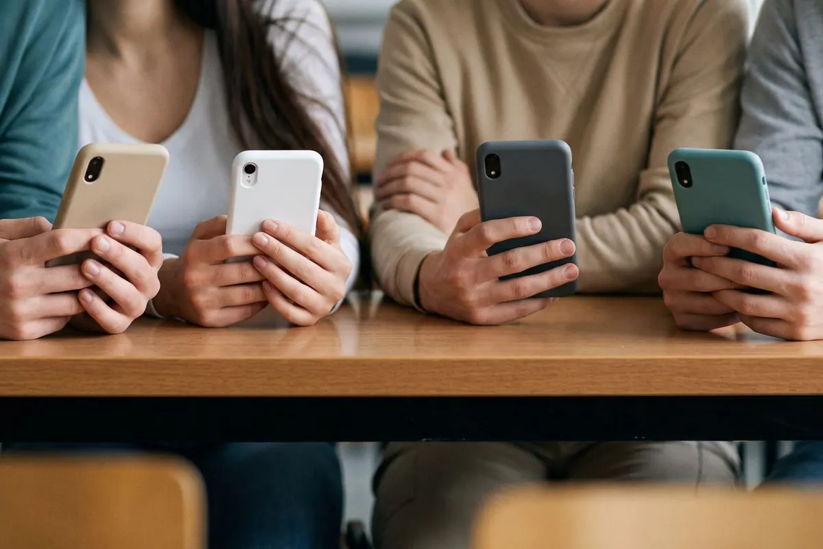 The hands and phones of four students side by side at a classroom desk, faces out of frame.
