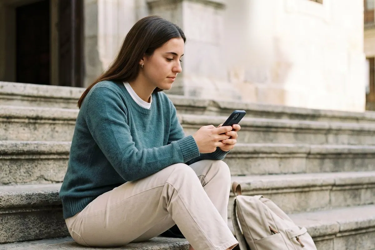 A student sits on stone steps in a teal sweater, leaning over her phone.
